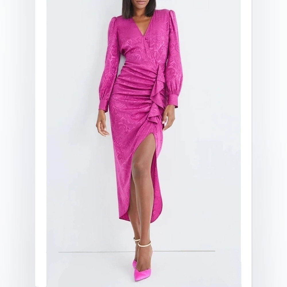 Veronica Beard Weiss Silk Printed Long Sleeve Ruffle Maxi Dress sz 0 Magenta